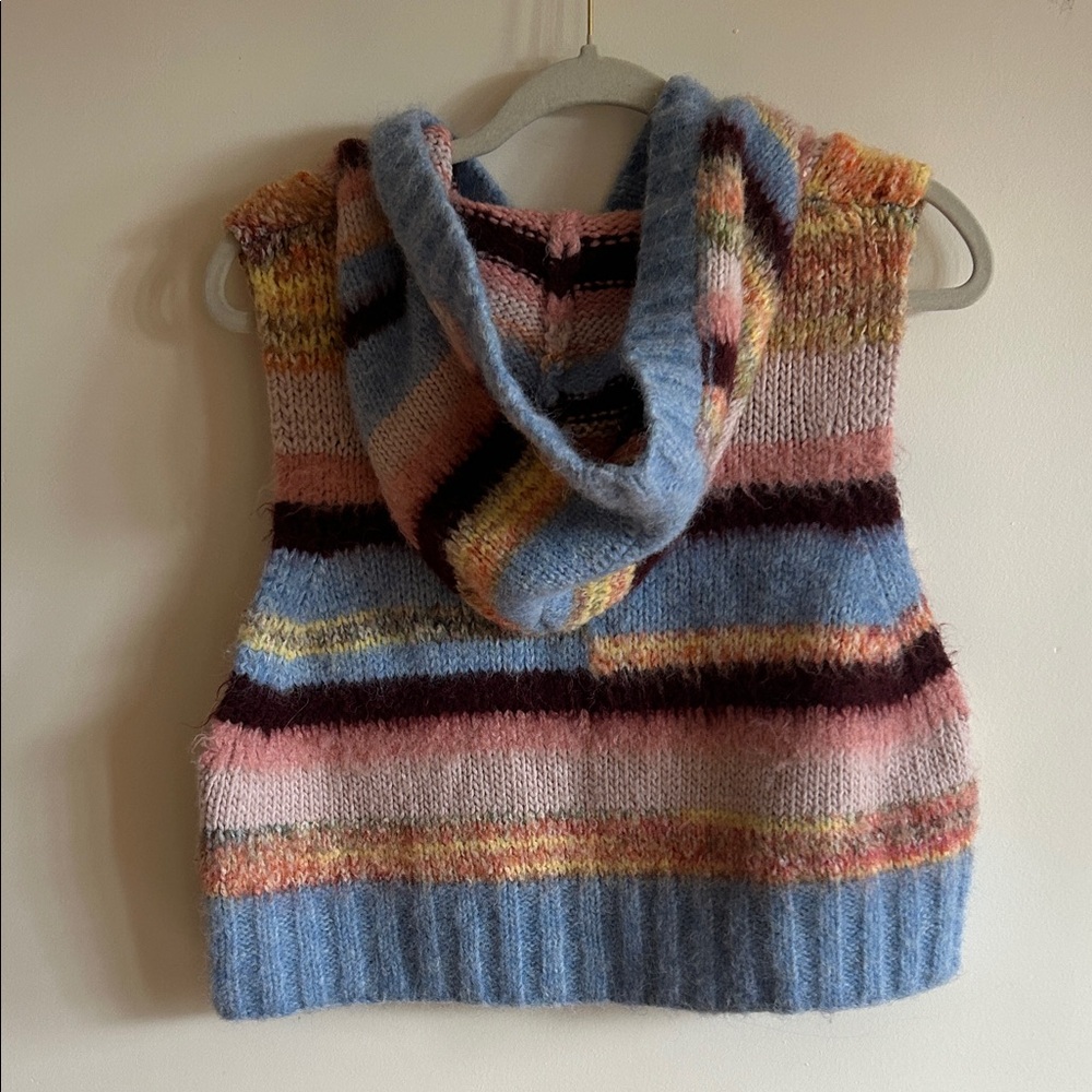 Free People Rosetta Multicolor Striped Knit Hooded Vest large Pink Blue Yellow - Picture 7 of 10